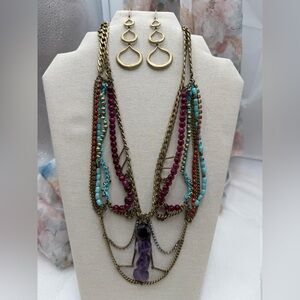 Fossil Gold and Multicolor Beaded Necklace with Pierced earrings